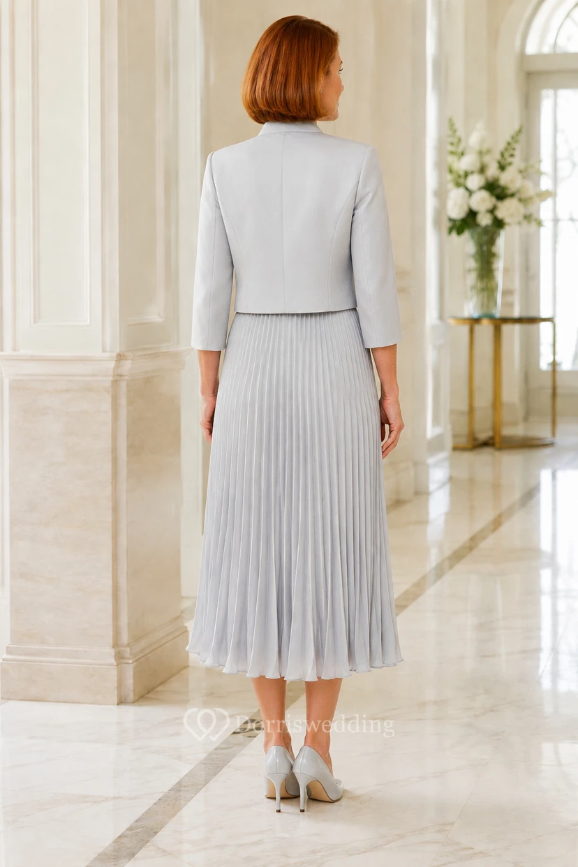 MOB Dress Silver Chiffon Satin A-Line 3/4 Sleeve V-Neck Tea Length with Jacket Pleated view 2