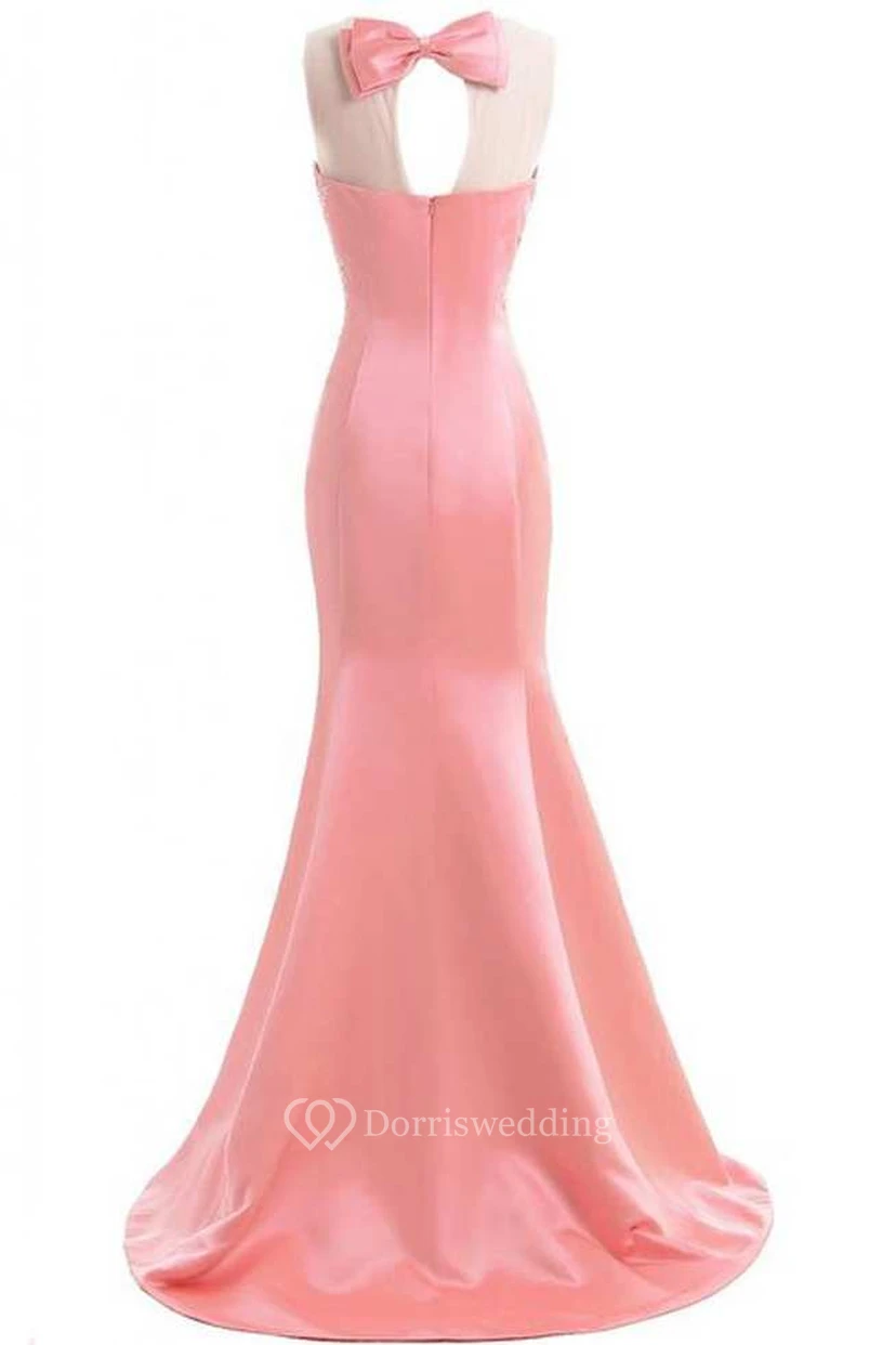 Sleeveless Beaded Bodice Mermaid Long Satin Dress With Bow view 2