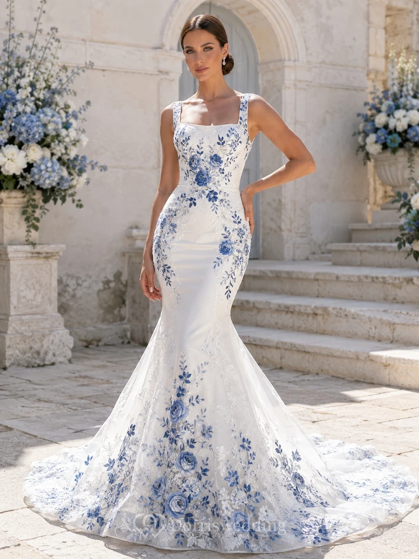 Himmelblaues, besticktes Meerjungfrauen-Brautkleid mit eckigem Ausschnitt, ärmellos, aus Spitze