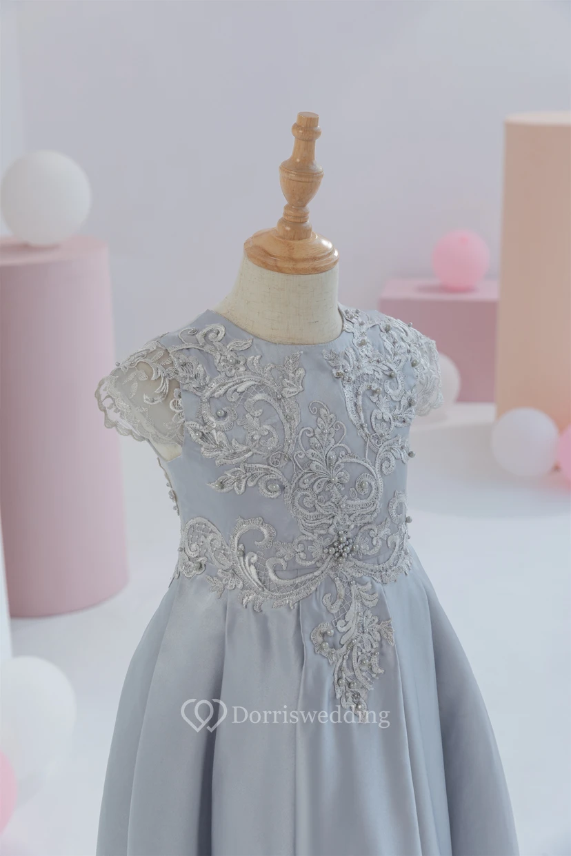Scoop-neck Short-sleeve Satin Empire Ball Gown Flowergirl Dress with Appliques view 6