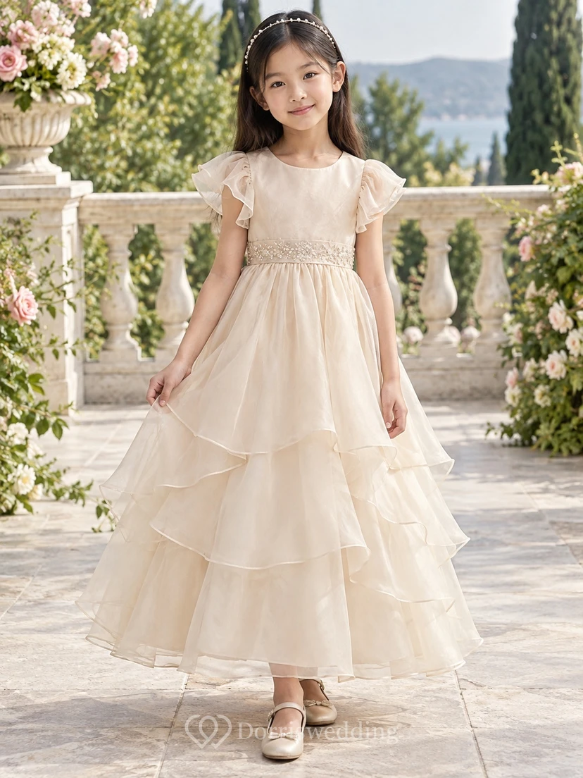 Ivory A-line Organza Flutter-sleeve Ankle-length Decorated-waist Layered Round-Neck Flower Girl Dress