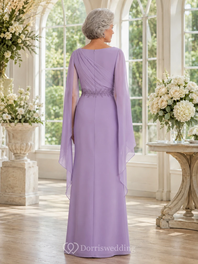 Lavender cape sleeve high neck sheath grandmother formal gown view 2