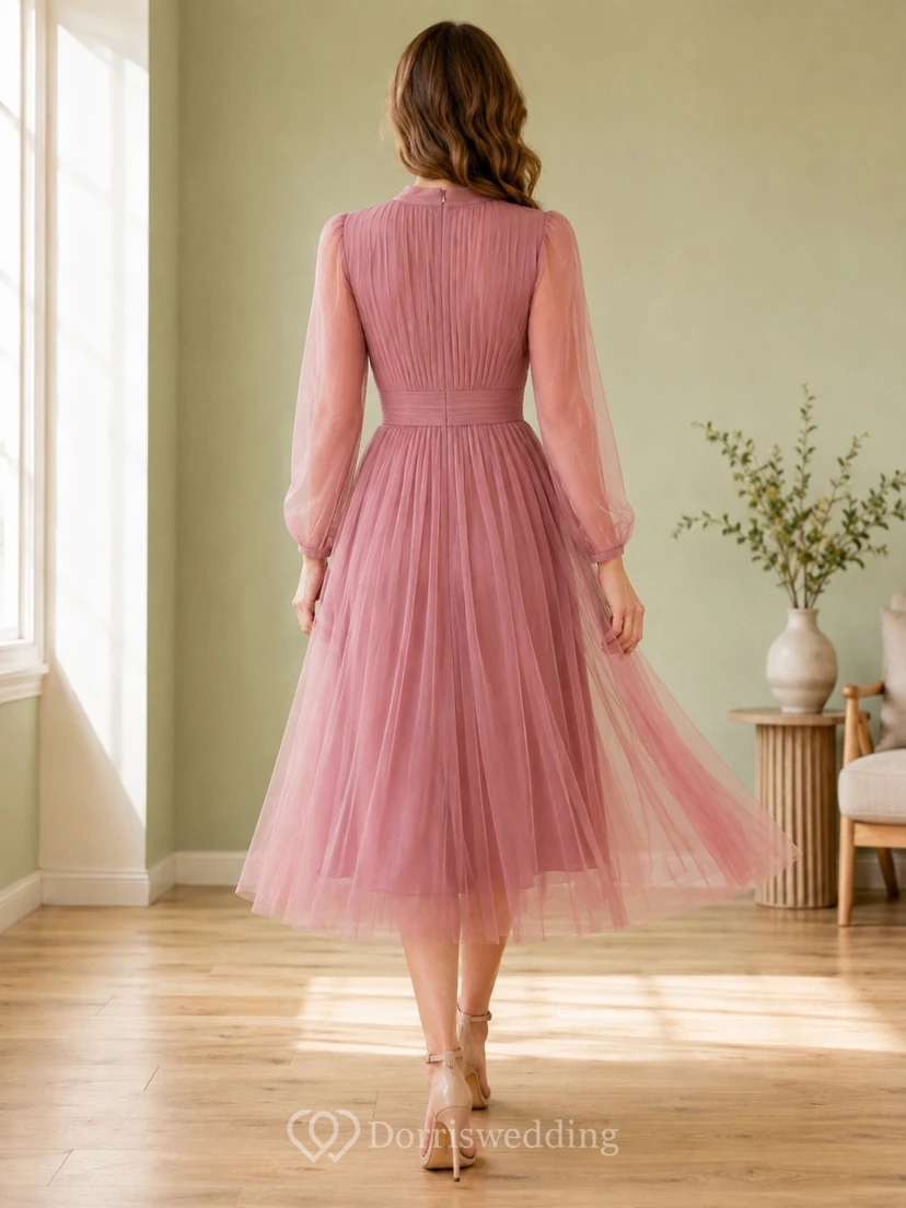 Kleid aus altrosafarbenem Chiffon mit eckigem Ausschnitt, langen Ärmeln, A-Linie und Teelänge view 2
