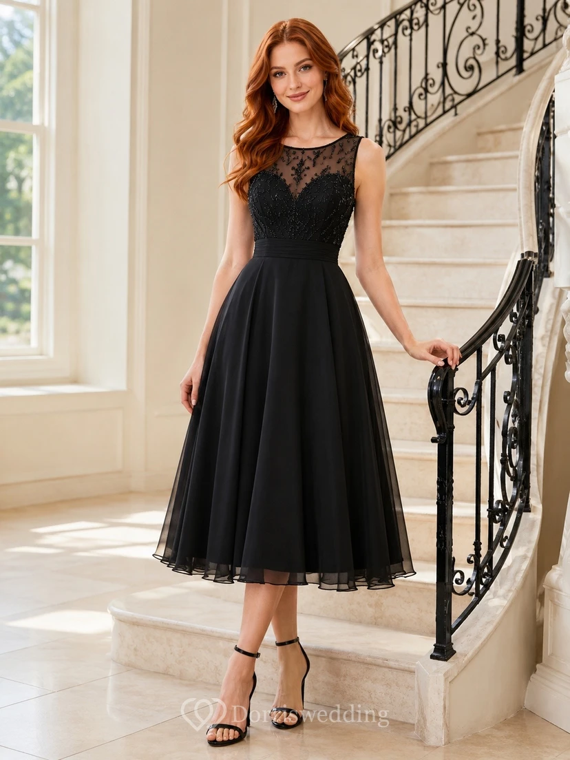 Black Lace V-Neck Sleeveless Illusion-Back Tea-Length Cocktail Dress