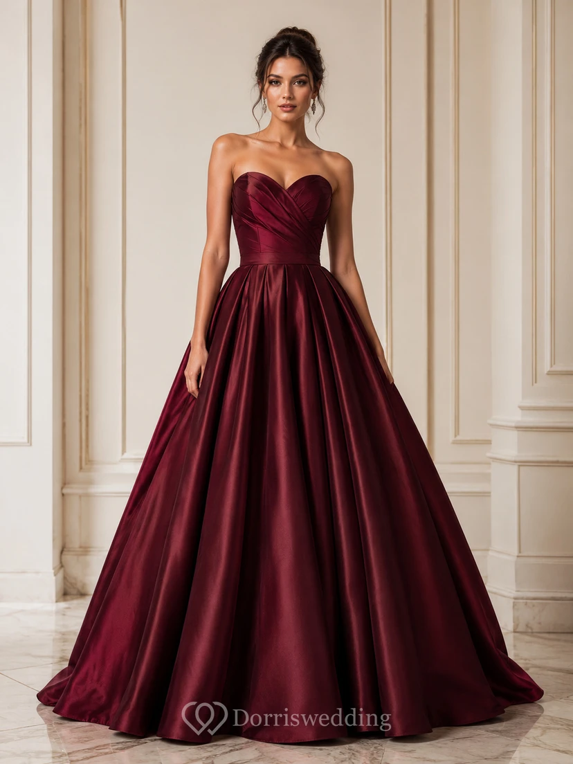 Robe de bal en satin, sans bretelles, sans manches et plissée, longueur au sol