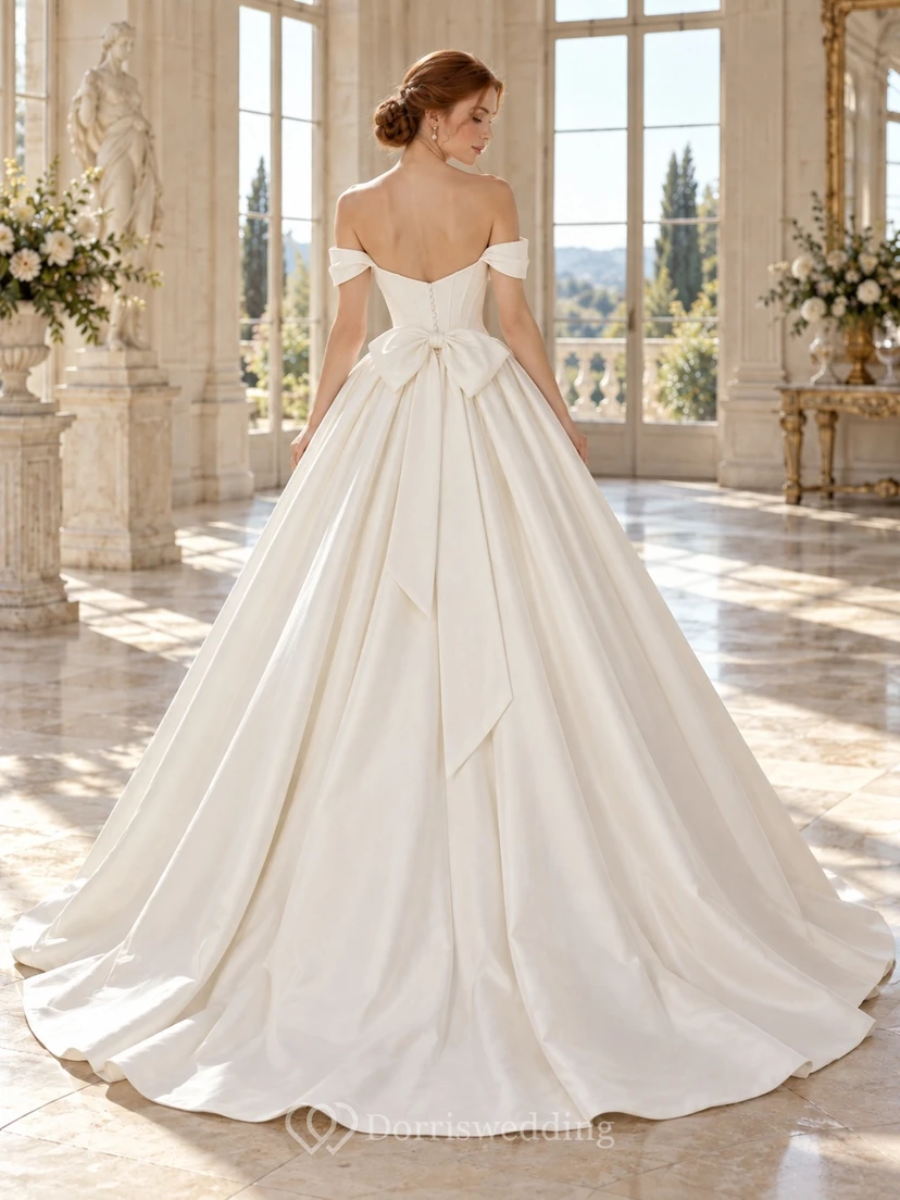 Vestido de novia sencillo, estructurado, con pliegues, hombros descubiertos, manga corta y lazo, confeccionado en satén de algodón, corte en A y largo hasta el suelo. view 2