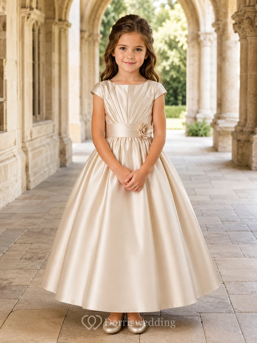 Plissiertes Satin-Blumenmädchenkleid mit Schärpe