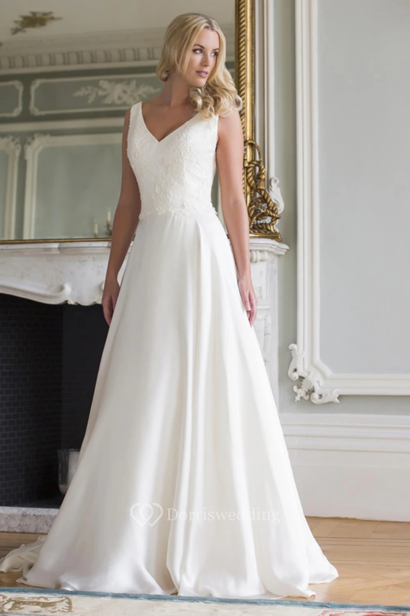 A-Line Long V-Neck Sleeveless Lace Wedding Dress view 2