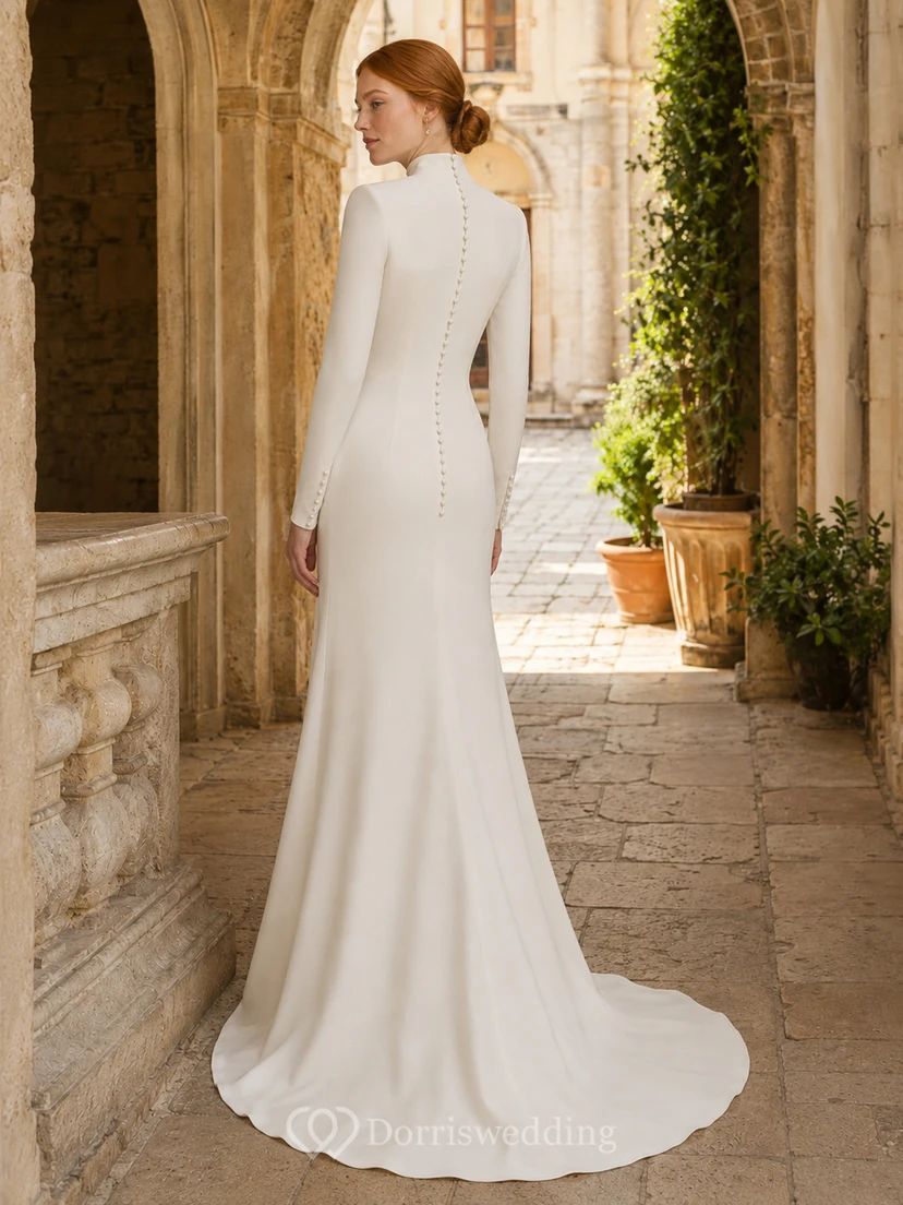 Hochgeschlossenes Crêpe-Brautkleid mit Perlenknöpfen für den Innenhof view 2