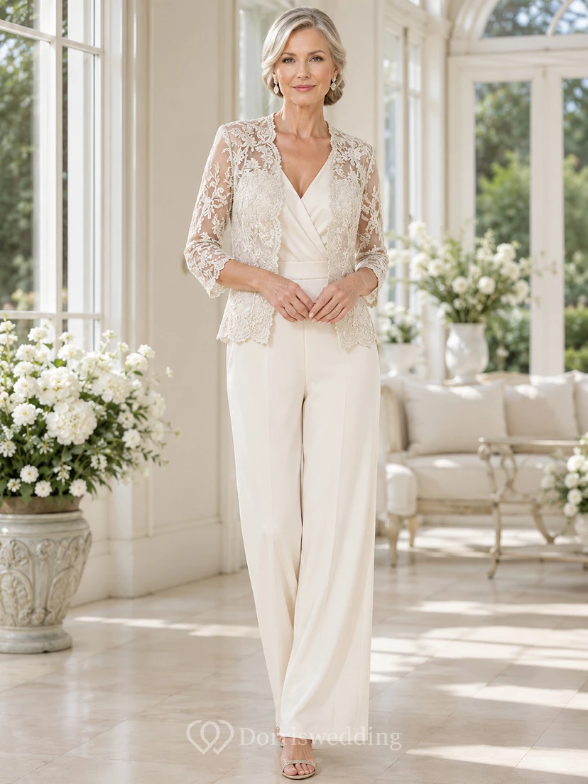 Elfenbeinfarbener Jumpsuit von Mother mit V-Ausschnitt-Spitzenjacke und gerader Hose