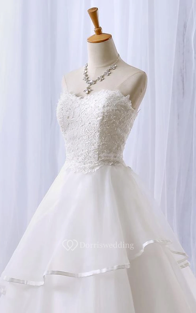 A-Line Long Sweetheart Appliques Chapel Train Zipper Lace-Up Back Tulle Lace Dress view 2