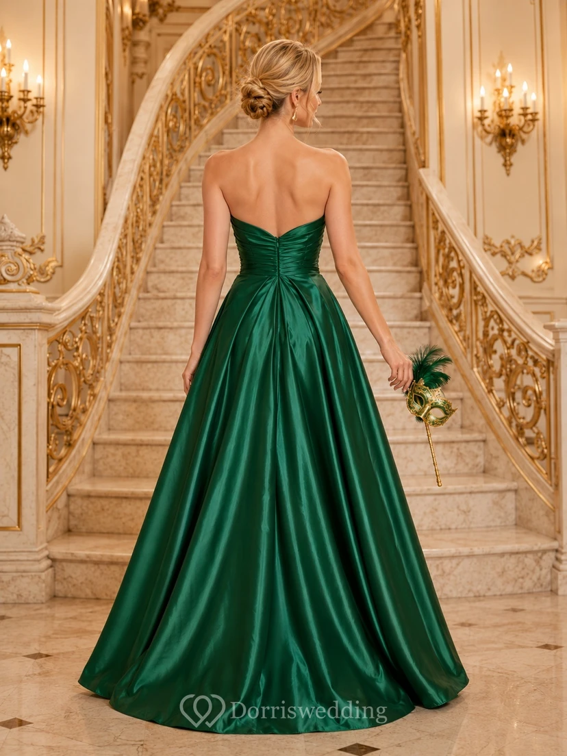 Luxury Dark Green Strapless Sweetheart Satin Ball Gown Floor-Length Split Masquerade Dress view 2