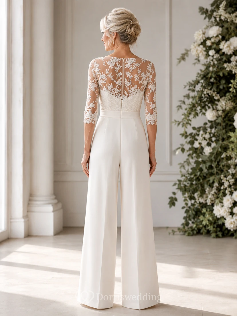 Lace Illusion Sleeve Bridal Jumpsuit with Wide Leg Pants view 2
