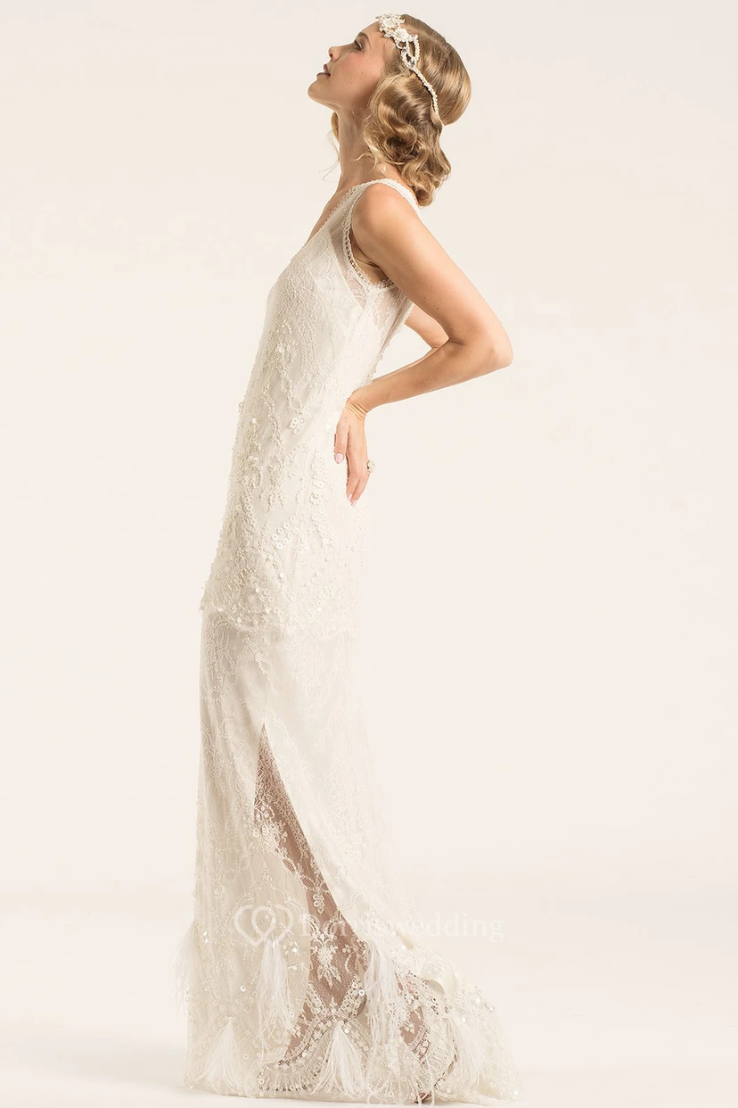 Floor-Length V-Neck Beaded Lace Wedding Dress With Appliques And V Back view 3