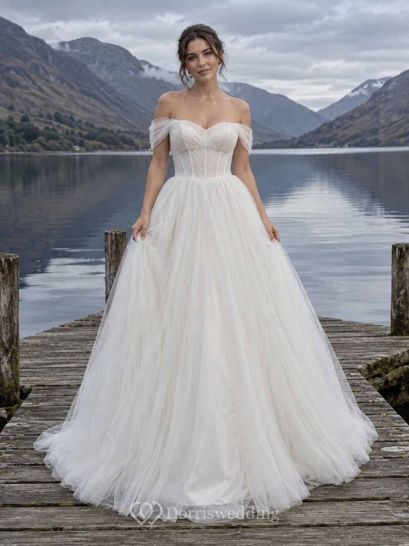 Off Shoulder Tulle Ball Gown Wedding Dress with Sweetheart Bodice and Keyhole Back