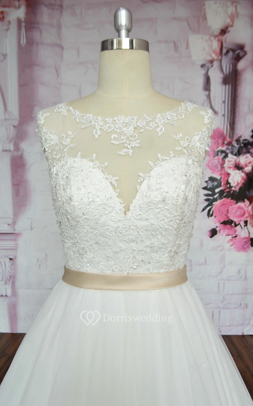 Sleeveless A-line Ballgown Tulle Wedding Dress Styles With Illusion Neckline And Deep V-back view 3