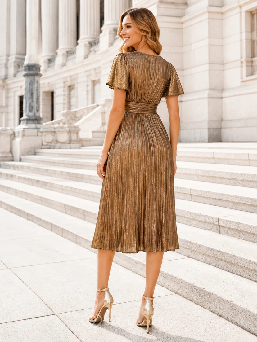 Robe midi plissée à col V et manches papillon, couleur bronze métallisé, idéale pour les invités view 2