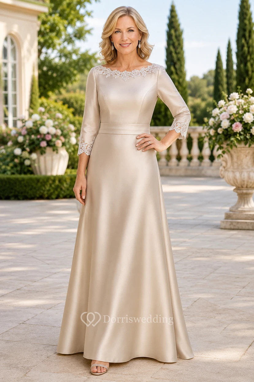 Elegantes, langärmeliges A-Linien-Kleid aus Satin mit Perlenbesatz am Ausschnitt