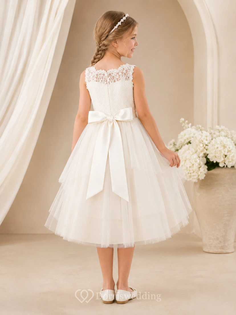 Vestido de comunión de tul sin mangas con encaje festoneado, largo hasta la rodilla, para niña de las flores. view 2