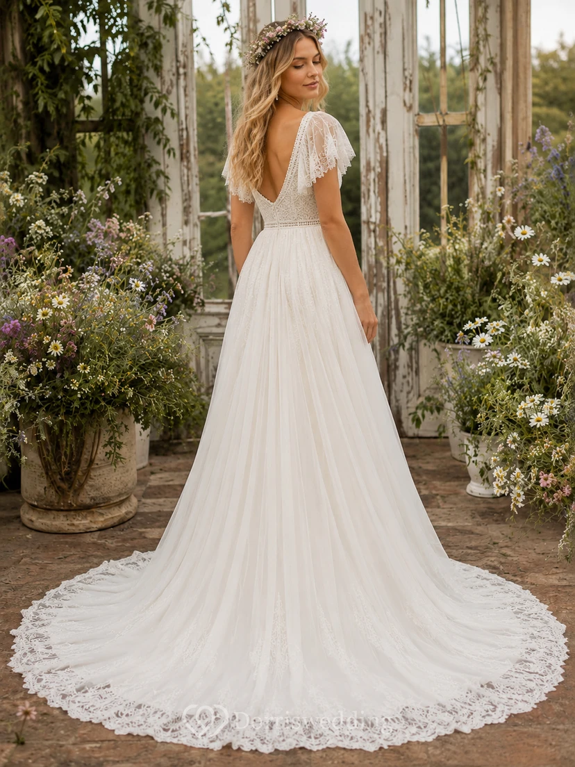 Modest Boho Wedding Dress with Square Neckline, Flutter Sleeves & Layered Lace A-Line Skirt view 2