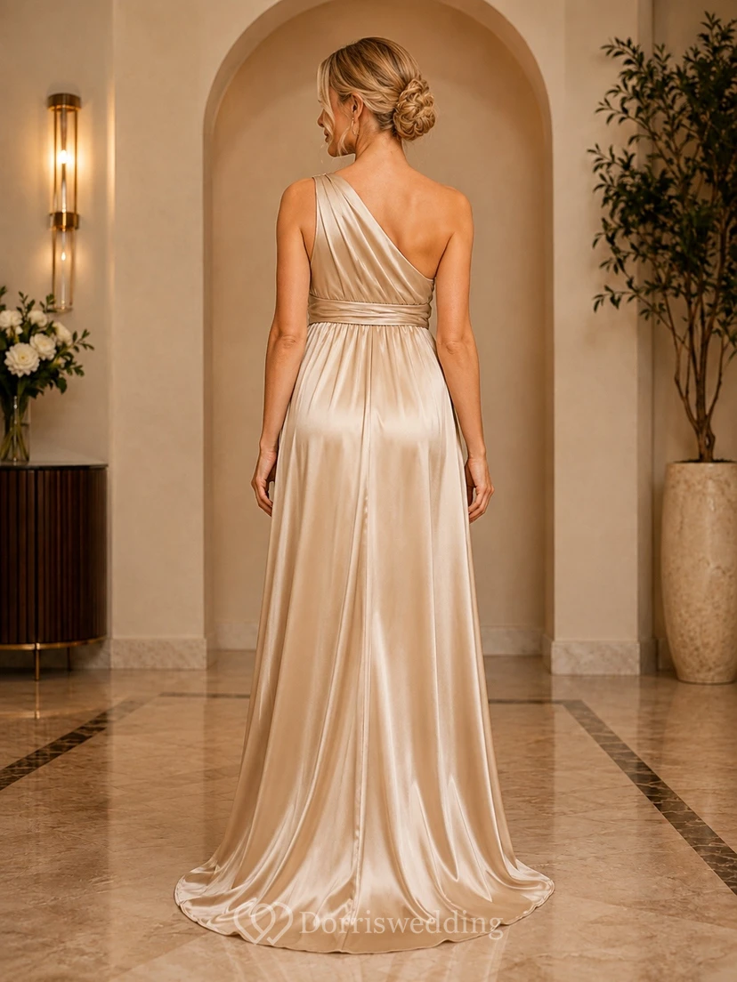 Champagne Sultry Cowl Satin Sleeveless A-Line Floor-Length Evening Dress view 2