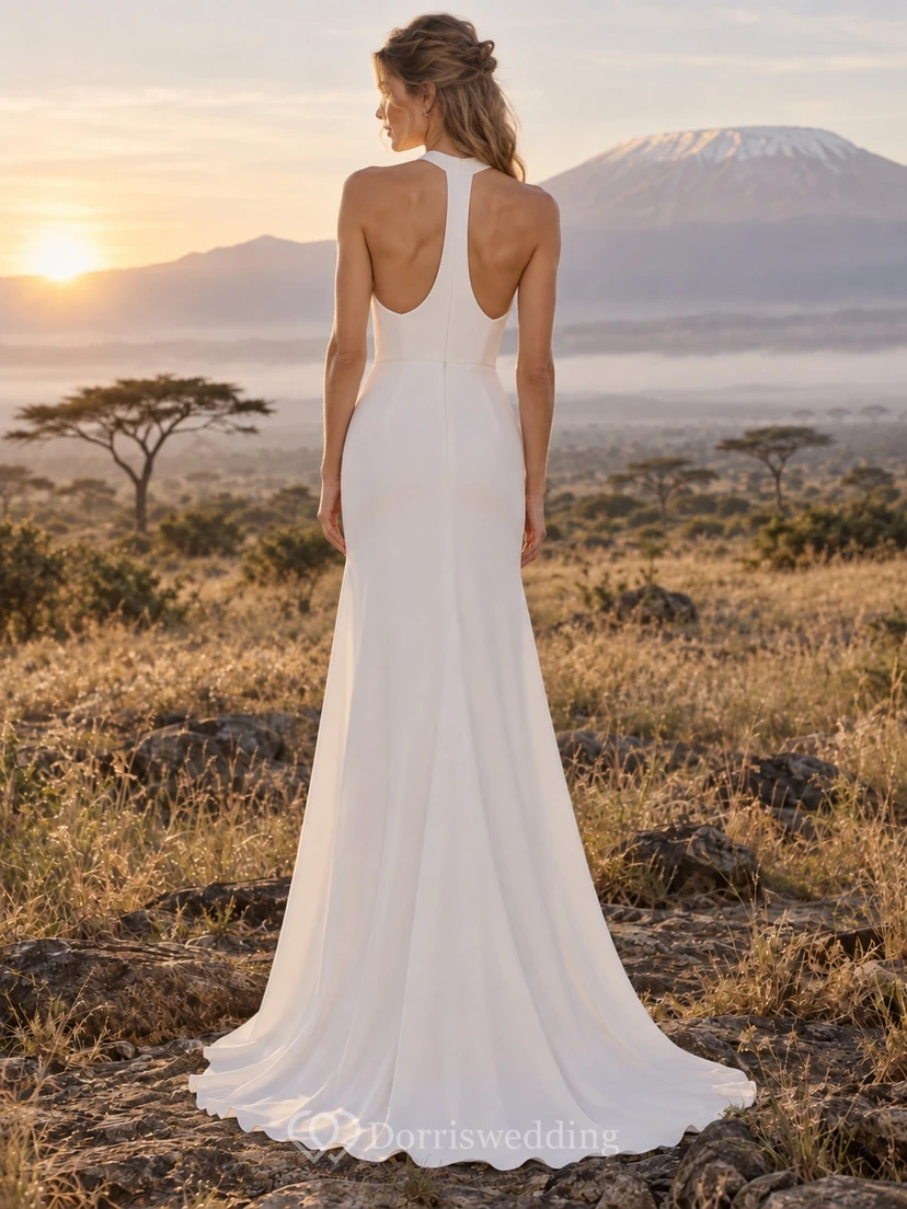 Vestido de novia sencillo de gasa con escote drapeado, cuello halter y tirantes anchos en la espalda. view 2