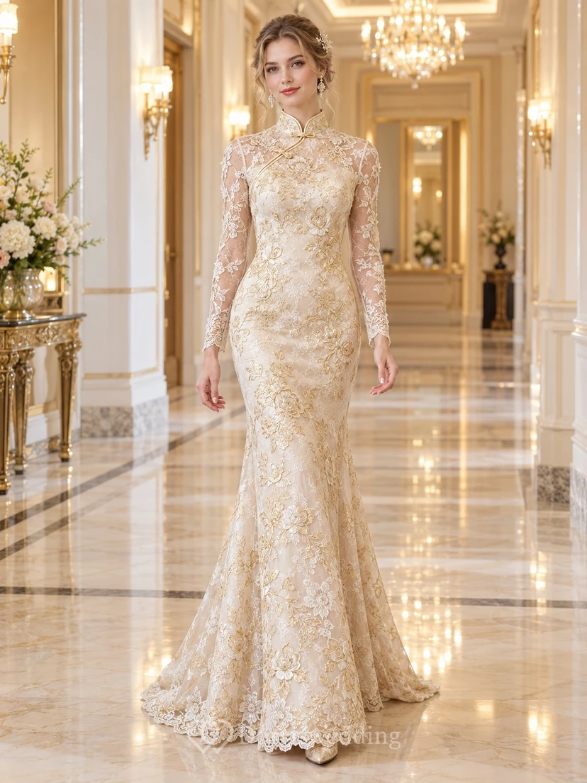 Modest High Neck Long Sleeve Champagne Floral Lace Wedding Cheongsam