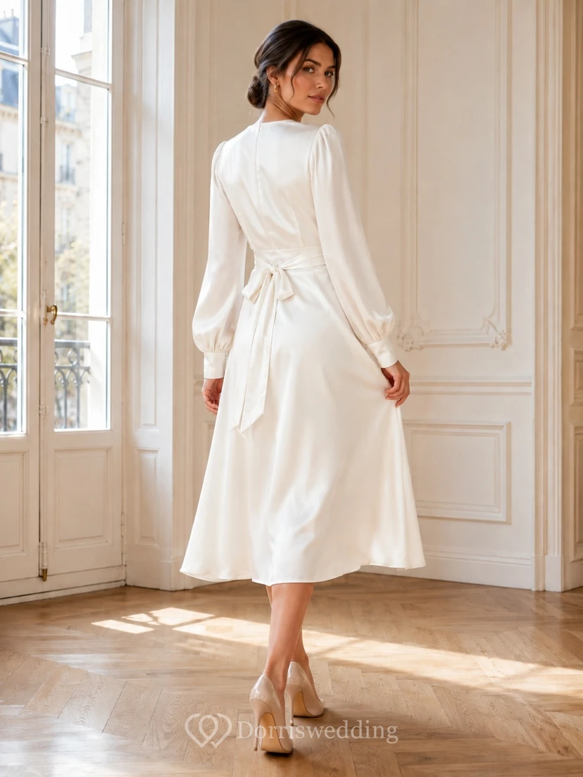 Modest White V-Neck Long Poet Sleeve Satin Wrap A-Line Tea-Length Dress view 2