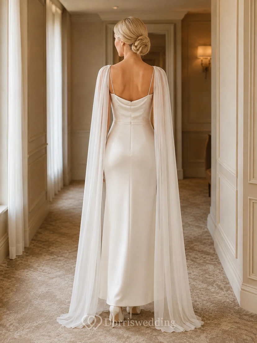 Simple Civil Satin A-Line Floor-Length Cowl Neck Straps Wedding Dress view 2