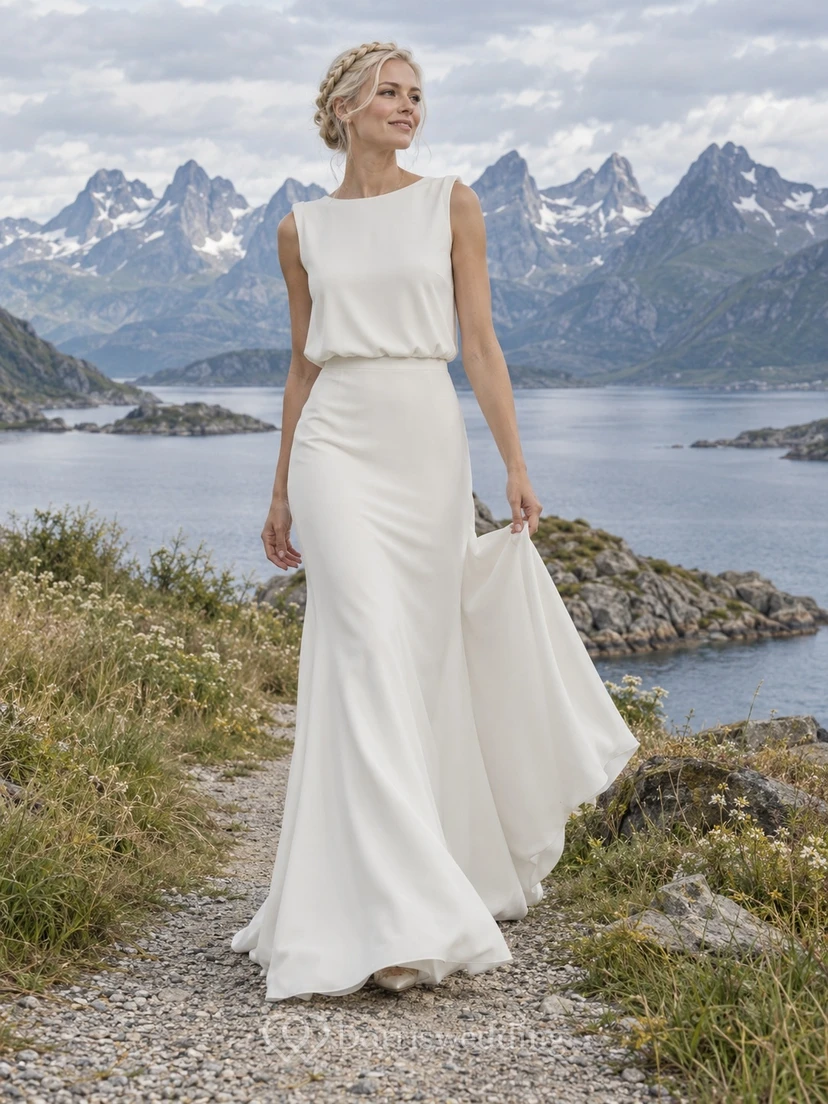 Simple Bateau Neck Sleeveless Crepe A-Line Wedding Dress with Blouson Bodice and Train