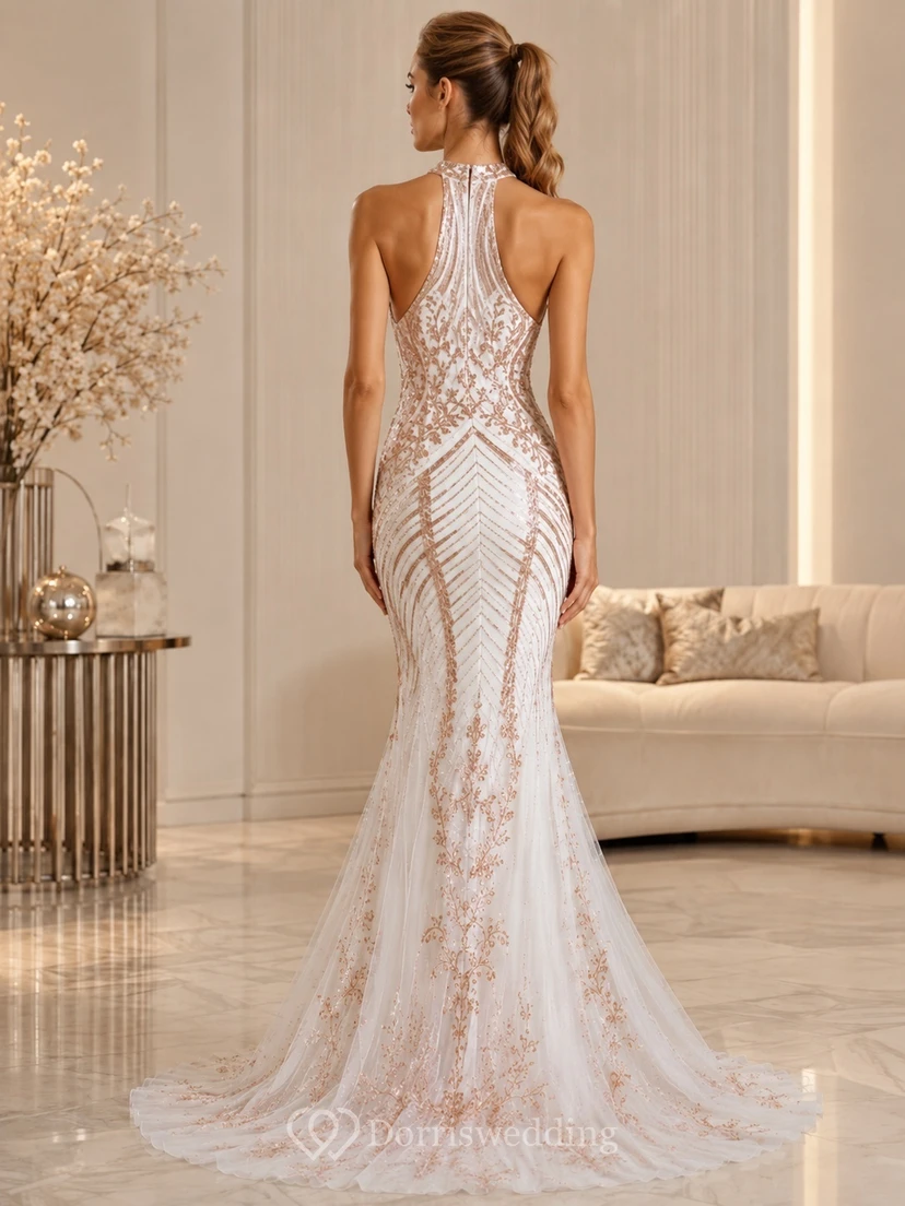 Brautkleid im Meerjungfrauen-/Trompetenstil mit Pailletten in Roségold, ärmellos, Neckholder, bodenlang, mit Schleppe, modernes Design view 2