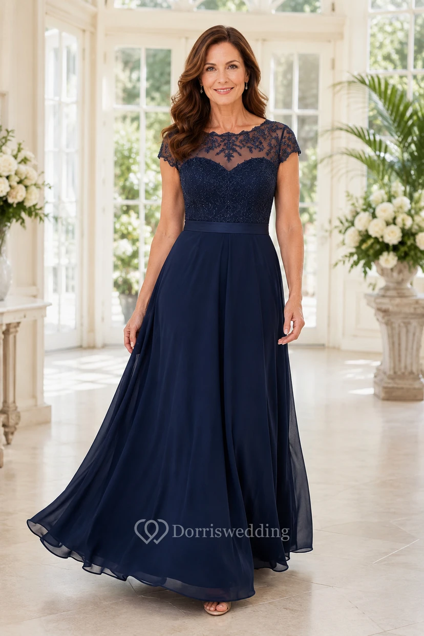 Dunkelblaues Chiffon-Kleid mit Spitzenoberteil und A-Linien-Design für Mütter