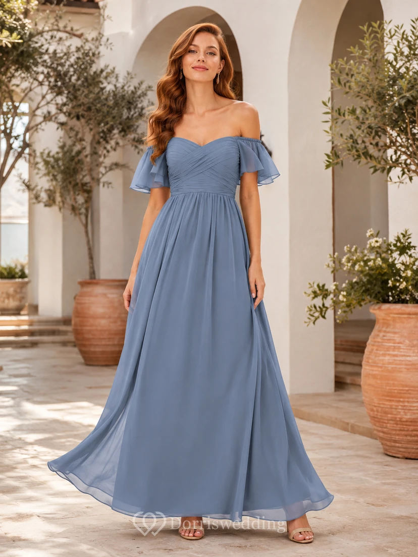Steel Blue Resort Wedding Guest Dress A-Line Chiffon Off Shoulder Sleeveless Floor-Length Ruffle