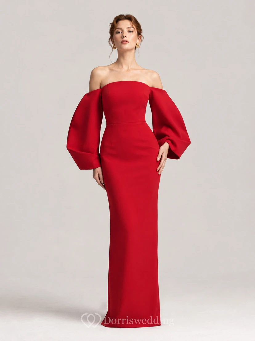Red off shoulder puff sleeve mermaid floor length gown