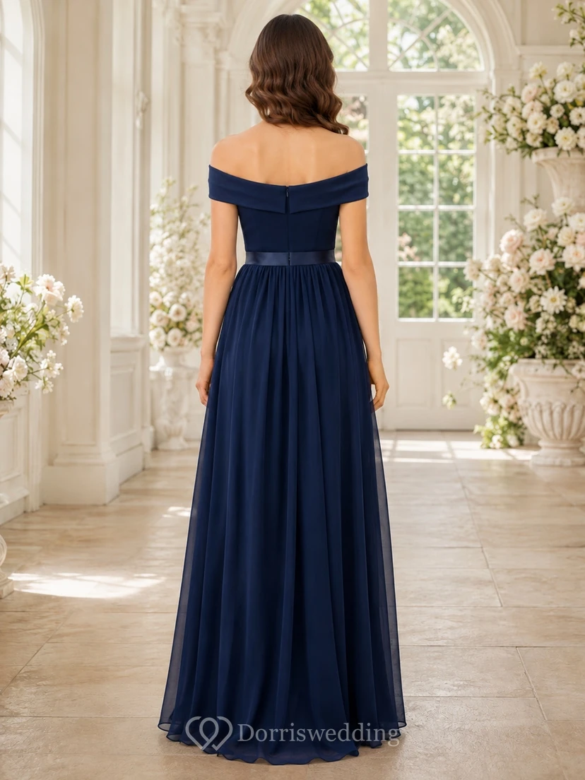 Dark Navy Junior Bridesmaid Dress A-Line Off-the-shoulder Short Sleeve Elegant view 2