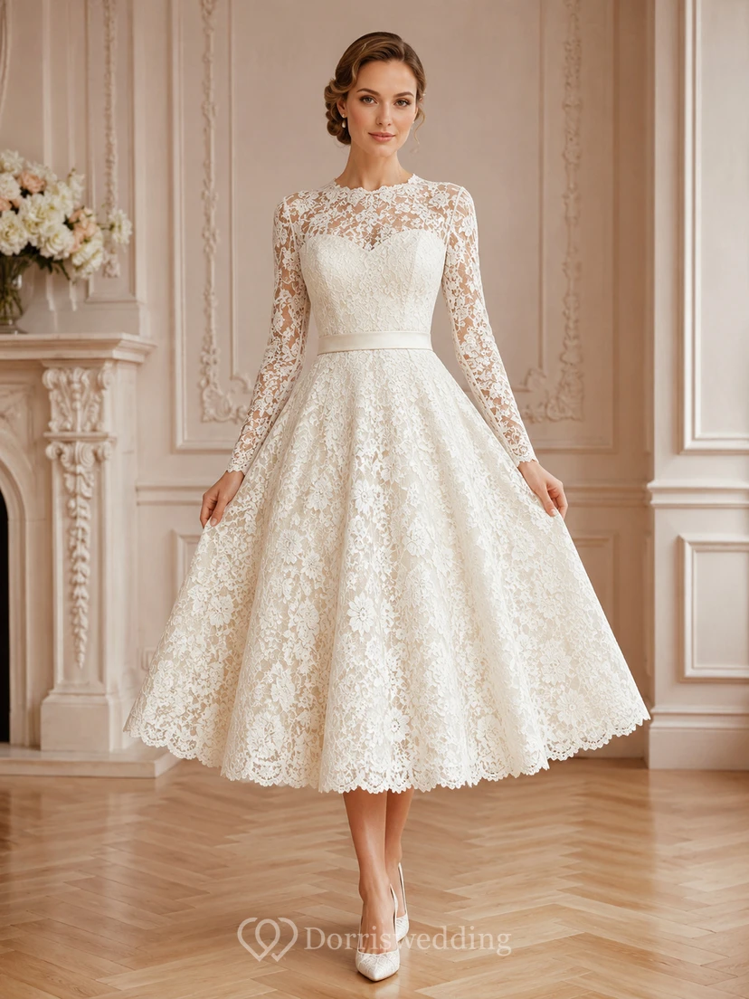 Vestido de novia vintage romántico de largo midi con escote barco, mangas largas ilusión y encaje floral.