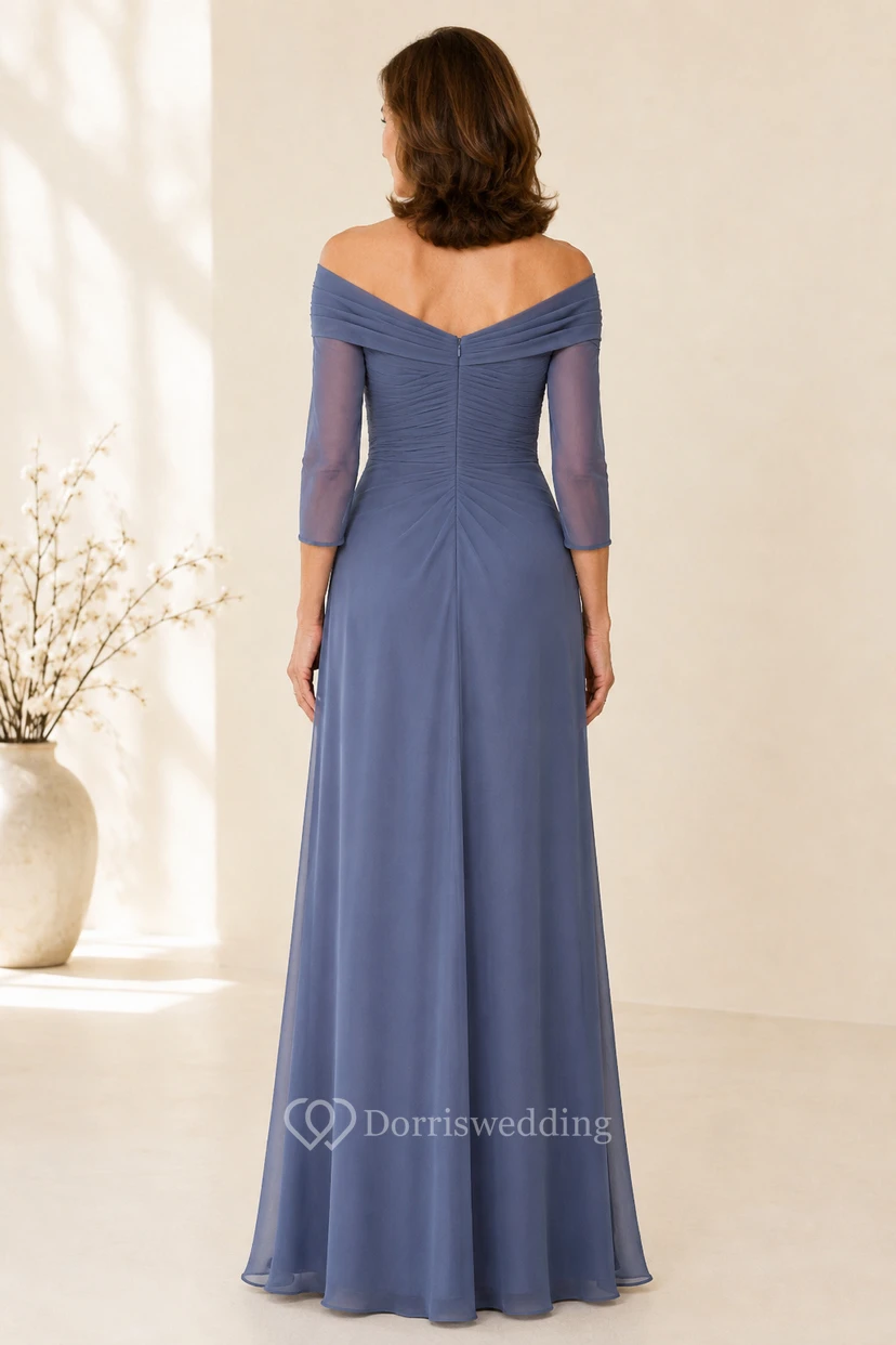 Schieferblaues schulterfreies Chiffon-A-Linien-Kleid für Mütter view 2