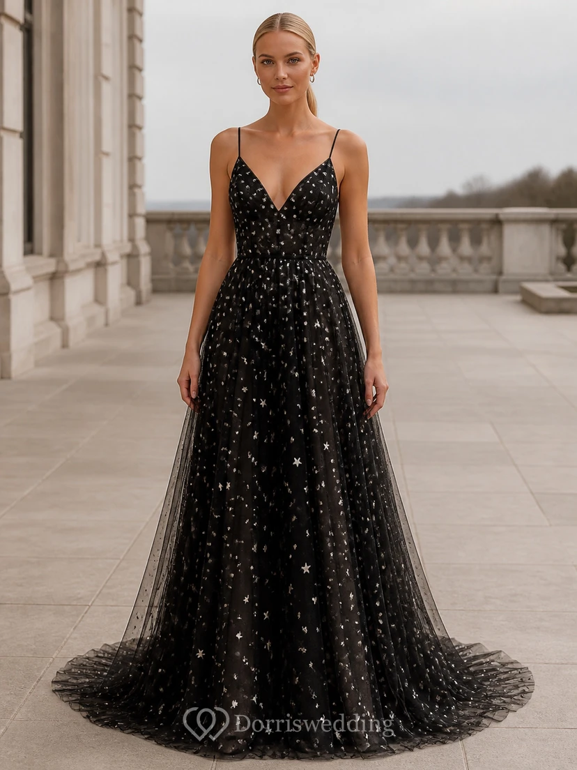 Black Luxury Star Sequin Ball Gown V-neck Sleeveless Floor-length Evening Dress