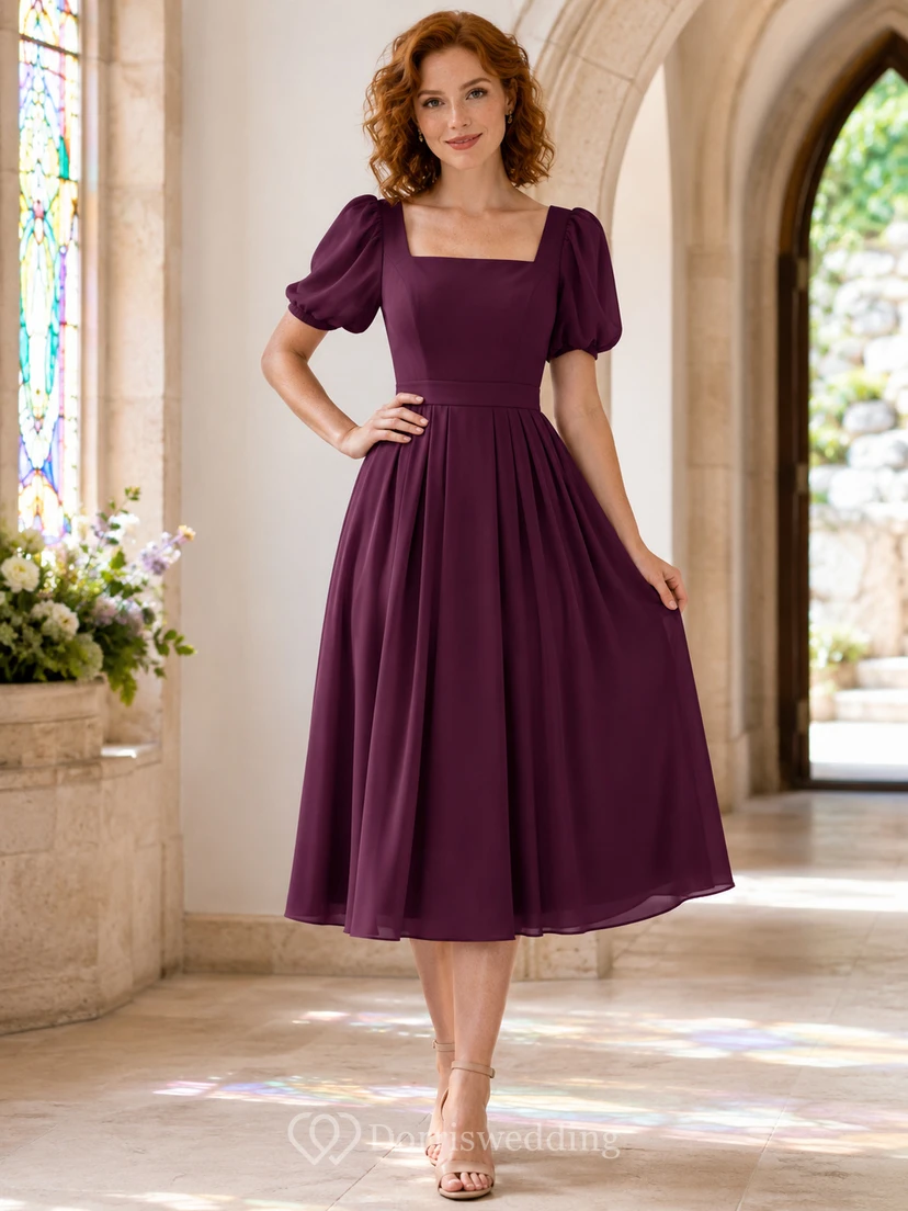 Plum Square Neck Puff Sleeve Chiffon Chapel Guest Dress