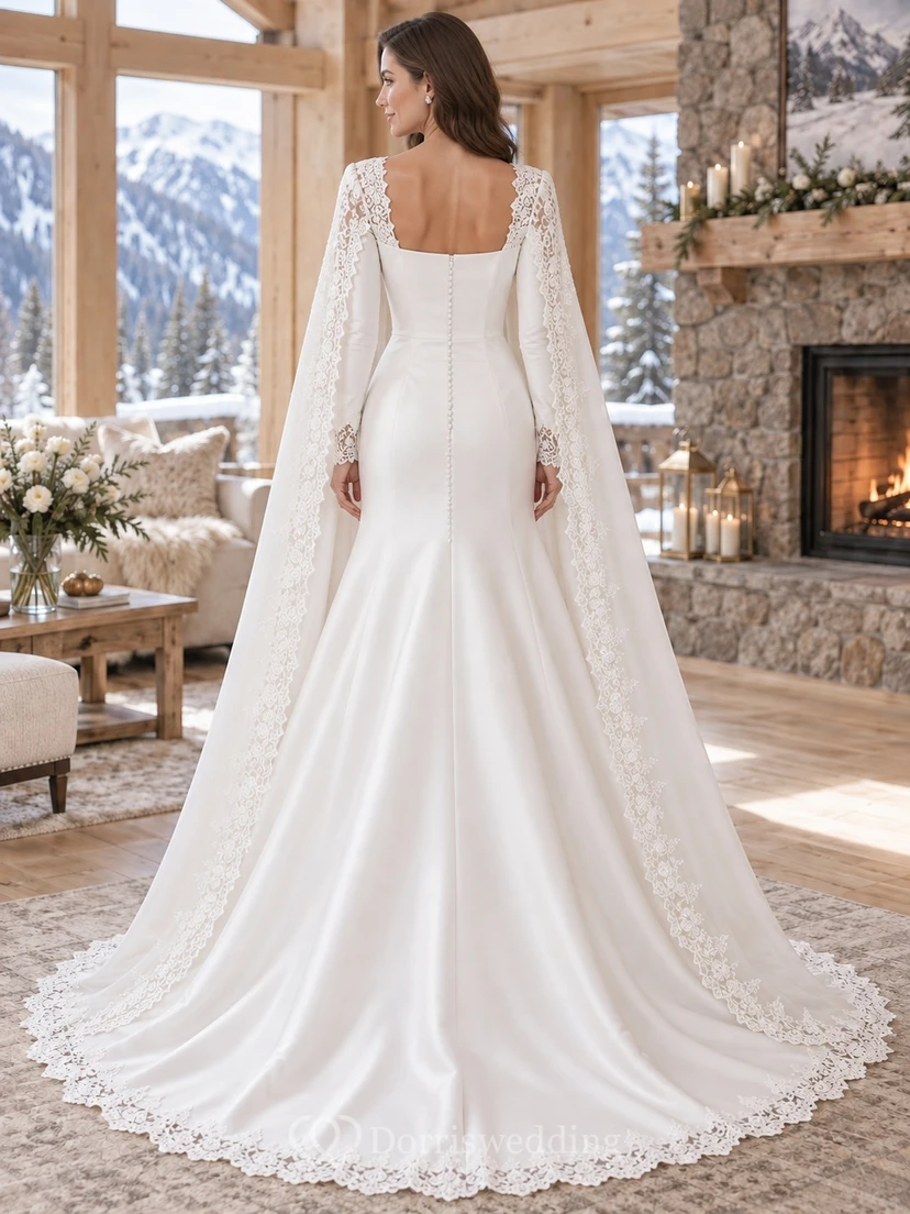 Vestido de novia de invierno con capa de satén, cuello cuadrado, manga larga y borde de encaje, estilo sirena. view 2