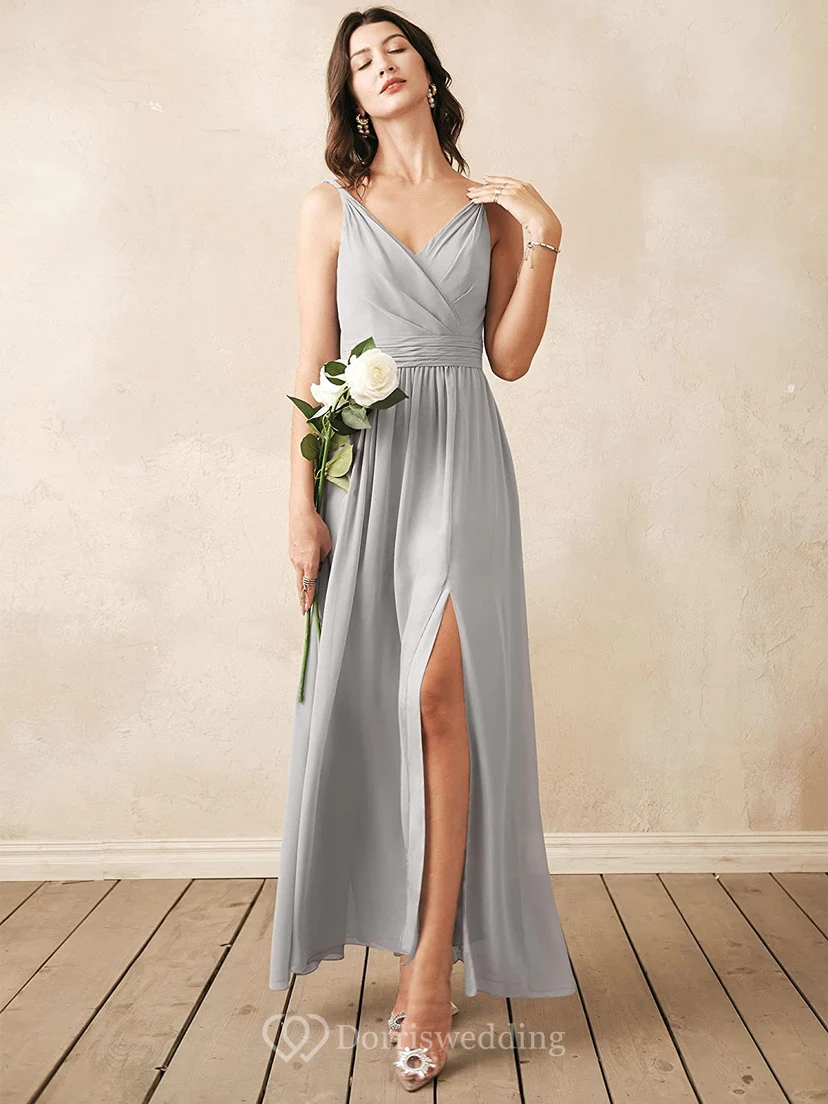 Romantic V-neck A Line Sleeveless Ankle-length Chiffon Bridesmaid Dress With Ruching view 10