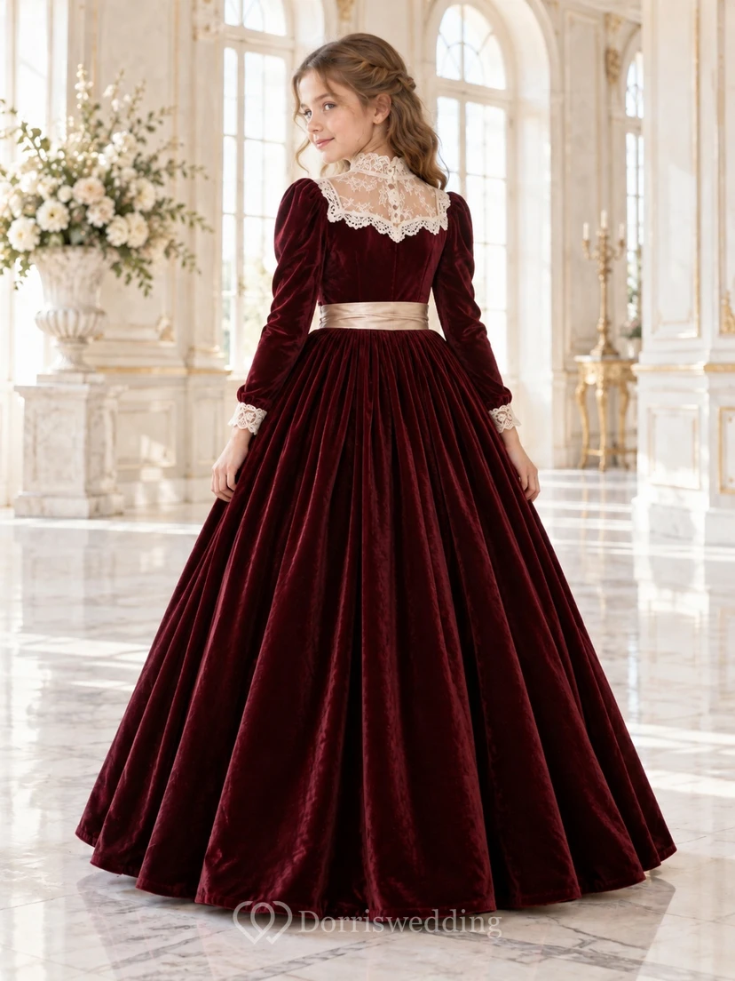 Victorian Long Sleeve Burgundy Velvet Lace Collar Flower Girl Dress view 2