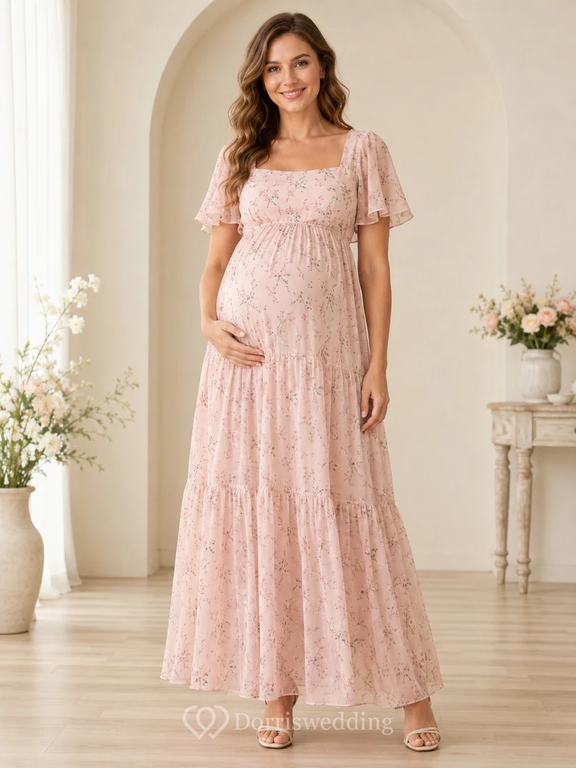 Pink Floral Chiffon Square Neck Puff Sleeve Empire Floor-length Maternity Guest Dress