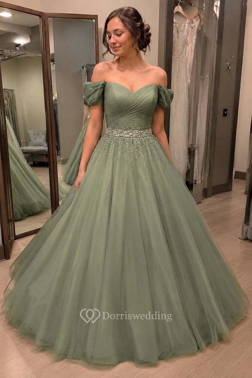 Ball Gown Maxi Off-The-Shoulder Sleeveless Bell Pleats Beading Corset Back Tulle Lace Dress view 8