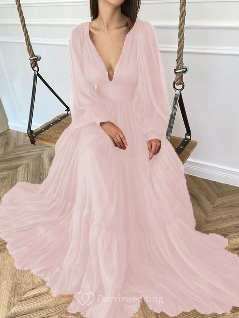 Sexy V-neck Puff Long Sleeve Chiffon Layered Empire Dress view 26