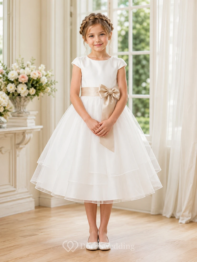 Blumenmädchenkleid aus champagnerfarbenem Tüll, A-Linie, Rundhalsausschnitt, Teelänge, Schleifendetail