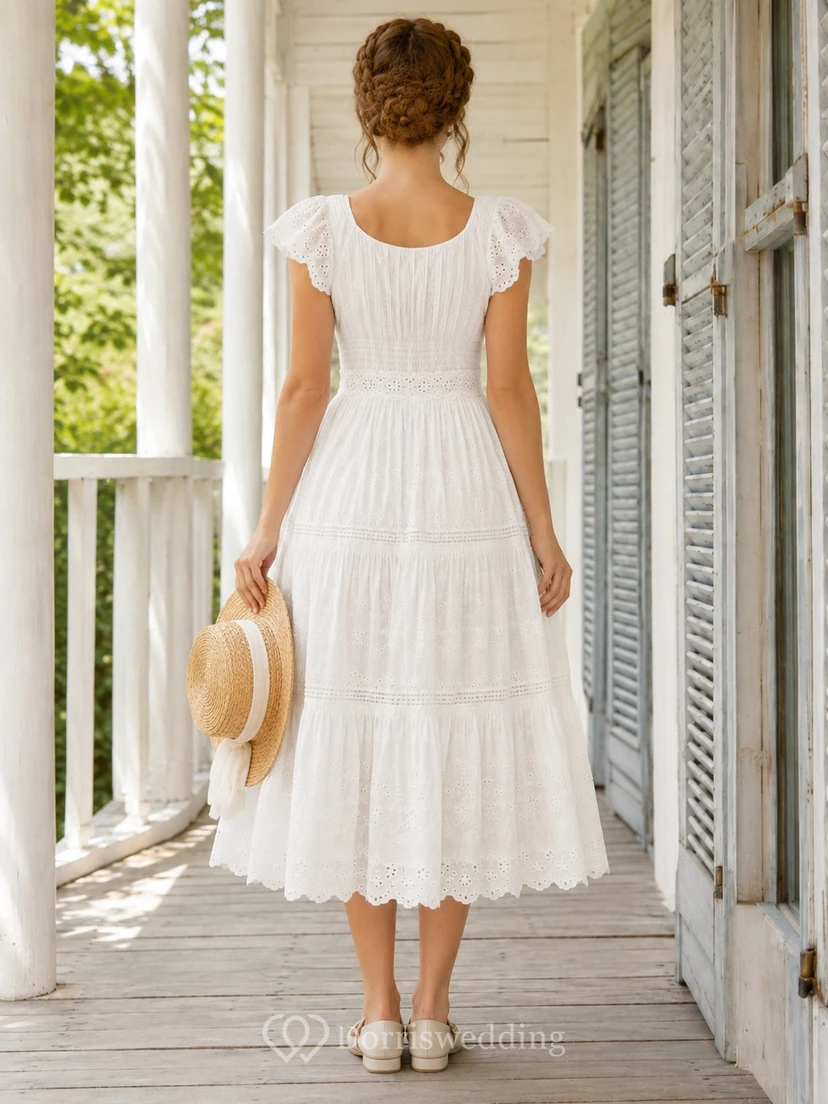 White Short Sleeve Pleated Tiered Chiffon Tea-Length Dress view 2