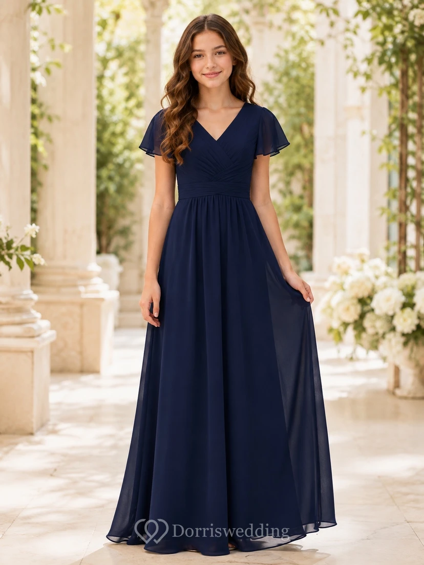 Dark Navy Junior Bridesmaid Dress A-Line Floor-Length V-Neck Short Sleeve Flutter Detail Romantic