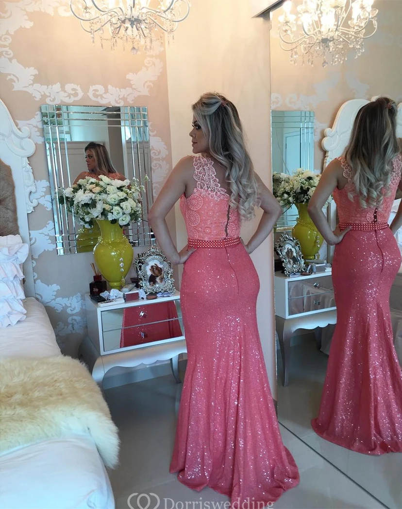Timeless Sleeveless Lace Pearls Prom Dresses Mermaid Long Zipper Back view 2