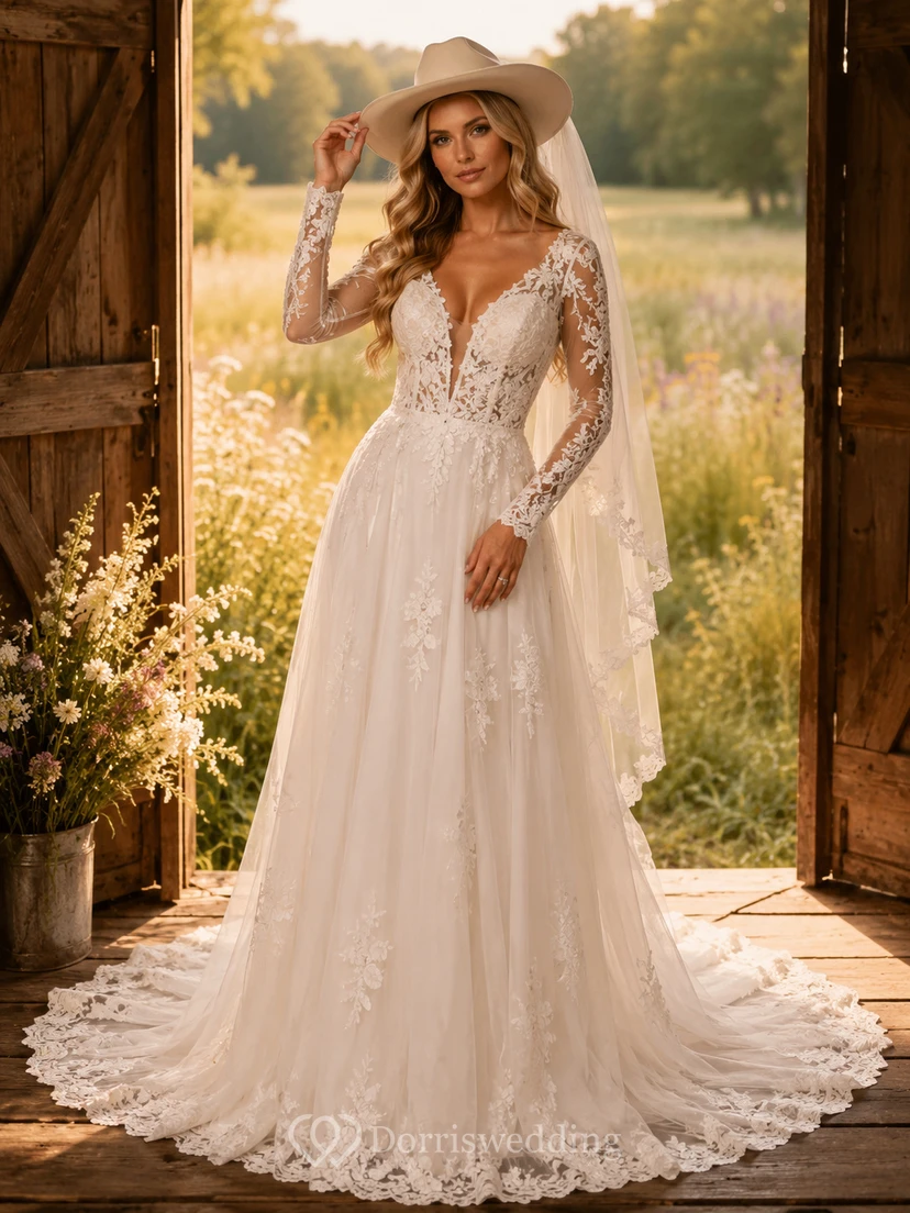 Robe de mariée champêtre en tulle et dentelle, coupe trapèze, col en V, manches longues, traîne chapelle